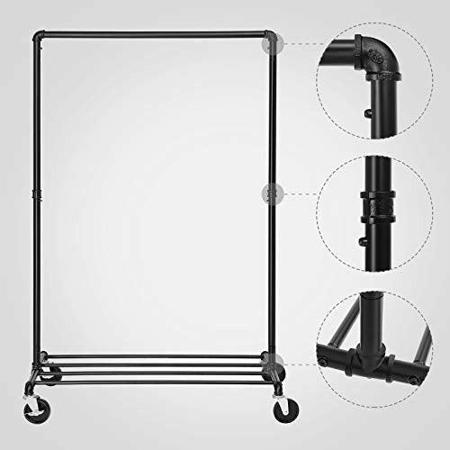 SONGMICS Heavy Duty Metal Clothes Rack on Wheels, Holds 90 kg, Industrial Design, Coat Stand with 1 Clothes Rail and Shelf, for Bedroom Laundry Room, Black HSR61BK 4