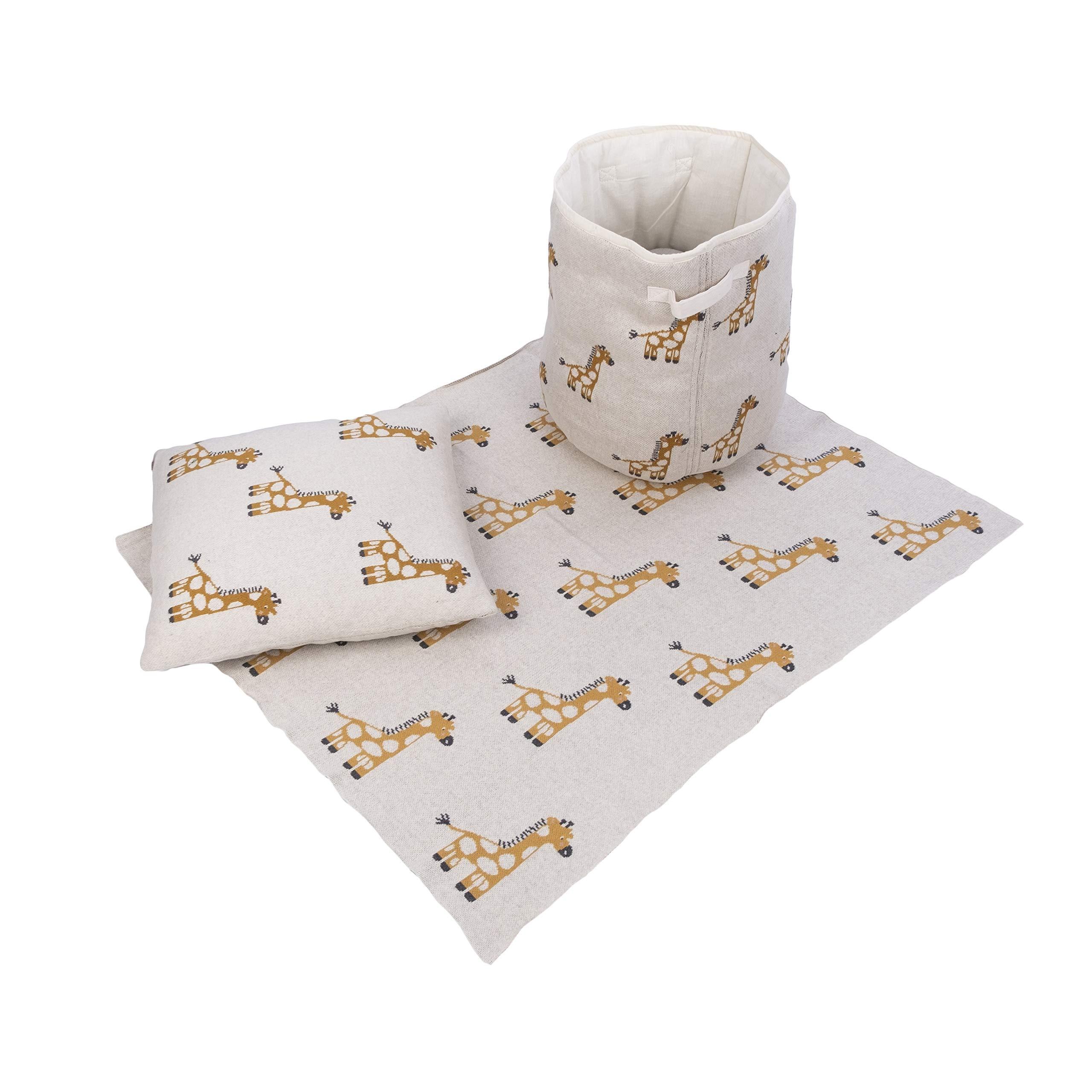 Penguin Home® Set of Knitted Basket, Cushion and Blanket - 100% Cotton in Giraffe Print - For Cosy Rooms - Foldable Basket 14"x16" (35x41cm) - Cushion 18"x18" (45x45cm) - Blanket 32"x40"(81x101cm)