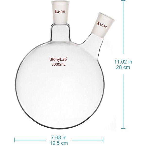 StonyLab Glass 3000ml Heavy Wall 2 Neck Round Bottom Flask RBF, with 24/40 Center and Side Standard Taper Outer Joint (3000ml) 1
