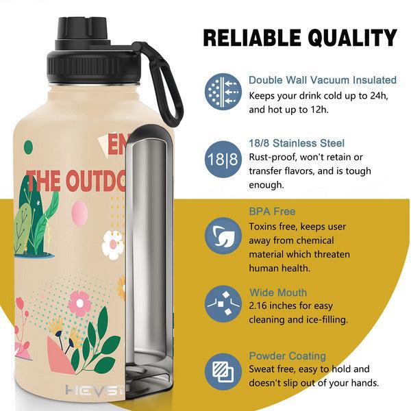 64oz Water Bottle Stainless Steel,Vacuum Insulated Water Bottles,Smoothie Bottle Cycling Bottle Cold 24H/Hot 12H Double Walled Travel Water Bottle-Stickers Not Included(Beige Illustration) 2