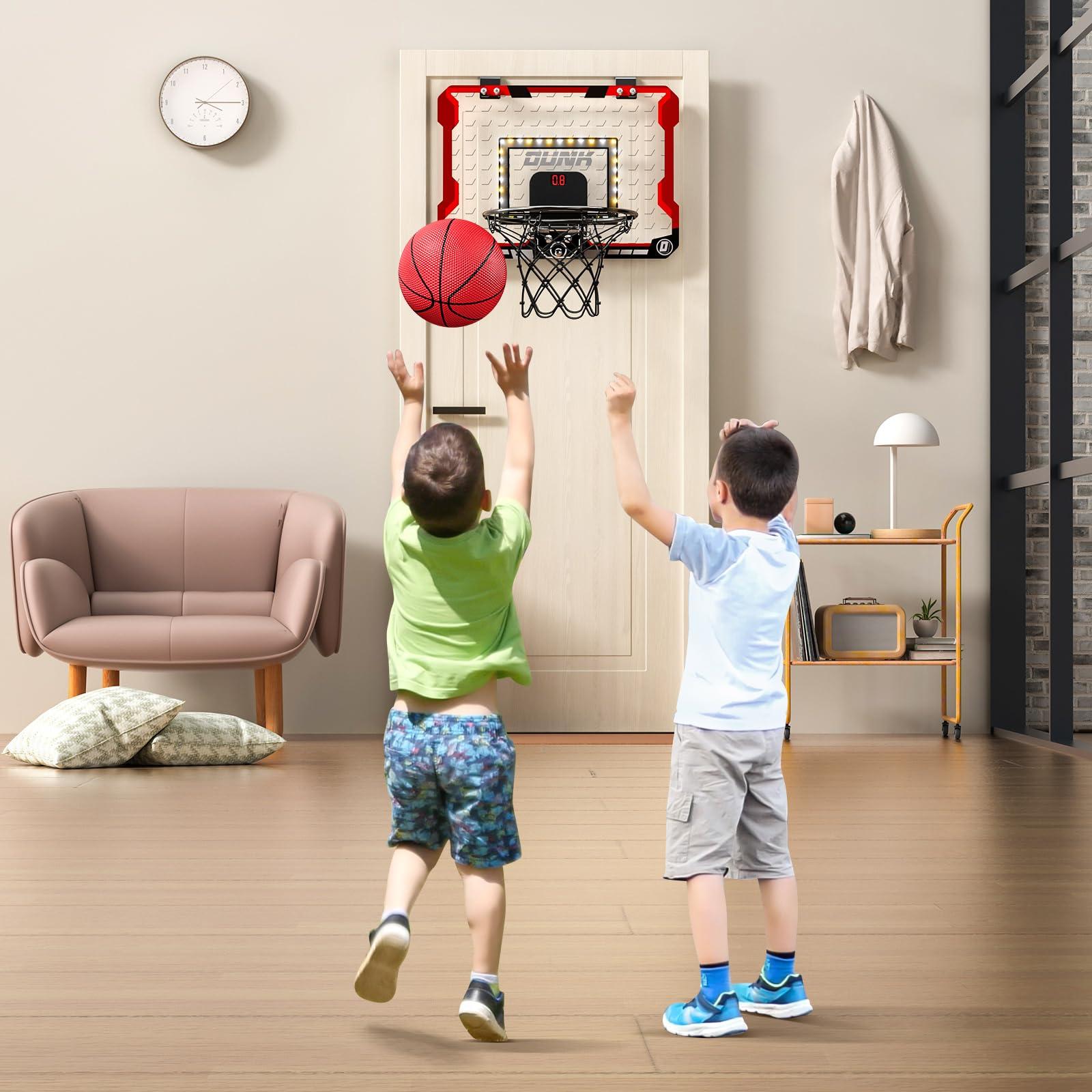 TEMI Basketball Hoop Indoor, LED Light Mini Basketball Hoop with 4 Balls & Electronic Scoreboard, Over The Door Basketball Hoop, Basketball Gifts for 5 6 7 8 9 10 11 12 Year Old Boys Girls Kids Teen 2