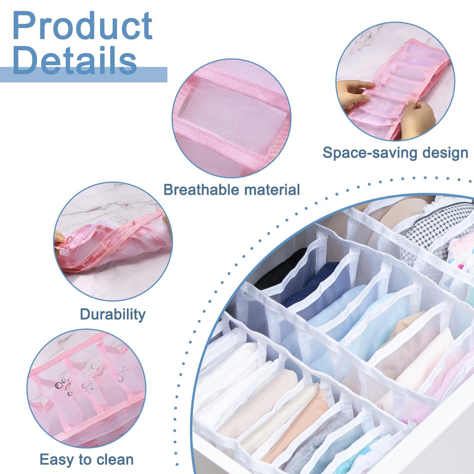 sourcing map 4 Pack Underwear Drawer Organizer, 7 Grids Foldable Closet Organizers and Storage Bins for Storing Socks, Underpants,Ties, Pink 2