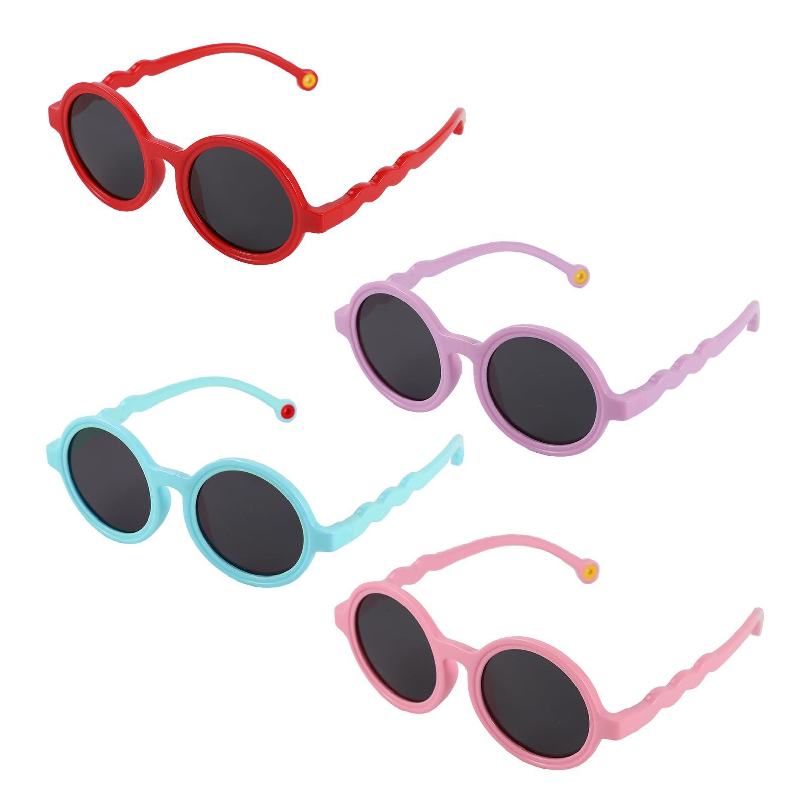 LUTER 4pcs Colored Frame Sunglasses, Elastic Rubber Polarized Sunglasses for Kids Stylish Colorful Sunglasses Party Favors for Kids Outdoors Activities (Blue, Purple, Pink, Red) 0