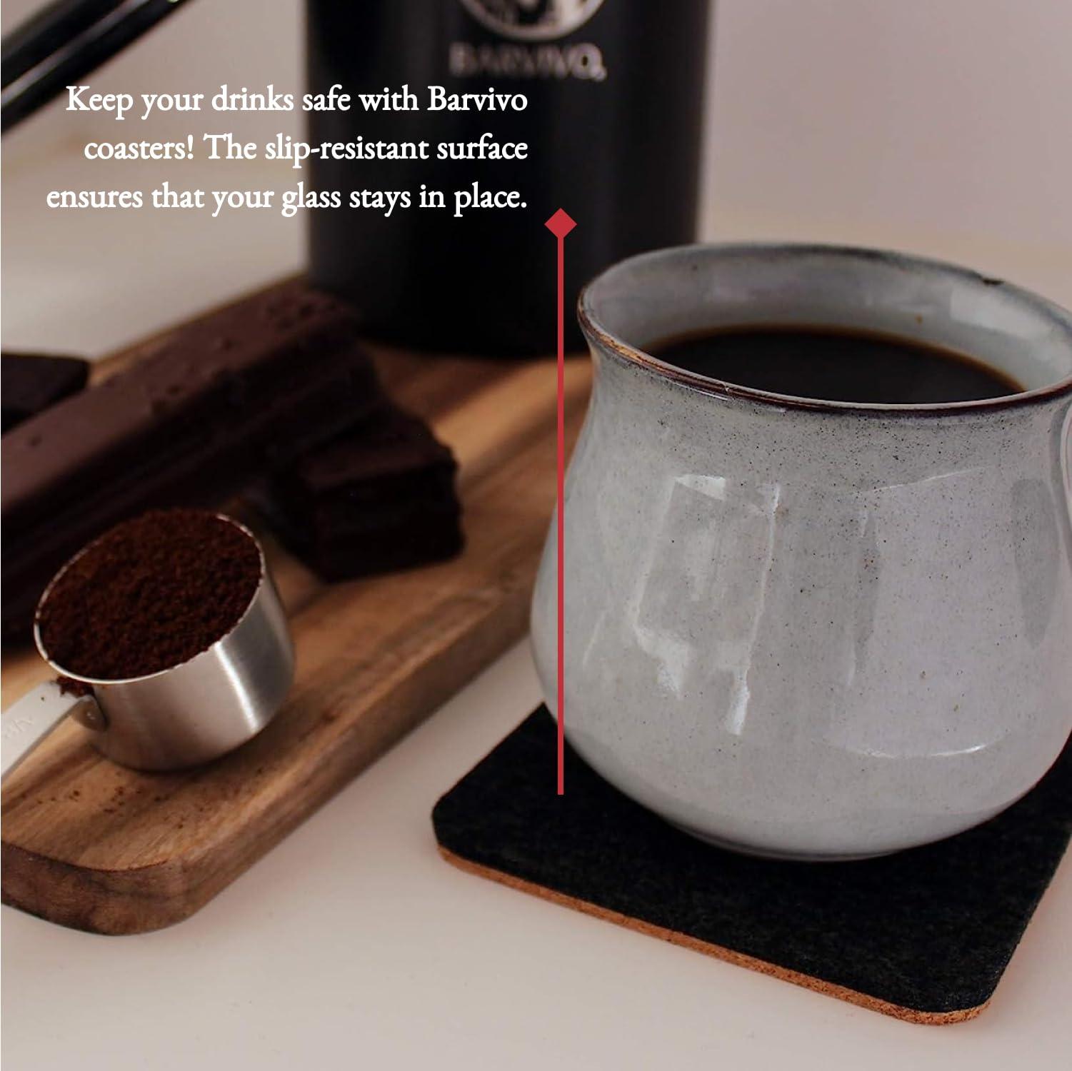 BARVIVO Black Coasters for Drinks Absorbent Set of 8 - Perfect Classic Drink Coasters for Wooden Table Protection with Scratch Preventing Cork Side and an Instant Condensation Absorbing Felt Side 4