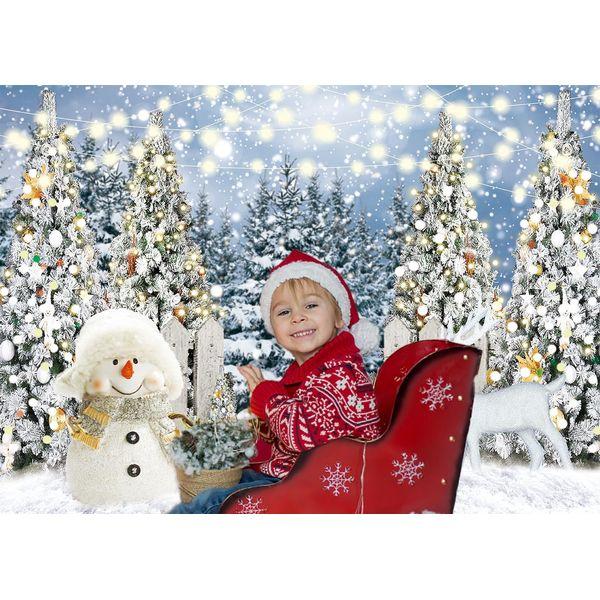 INRUI Glitter Christmas Pine Tree Snowman Photography Background Winter Snowflake White Elk Party Decoration Christmas Snowy Forest Birthday Backdrop (8x6FT) 1