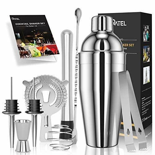 RATEL Cocktail Making Set, 9 Pcs Stainless Steel Cocktail shakers Set Professional Bar Accessory Tool Party Essential Cocktail Mixing Kit Including 750ml Cocktail Shakers, Strainer, Cocktail Book etc. 0