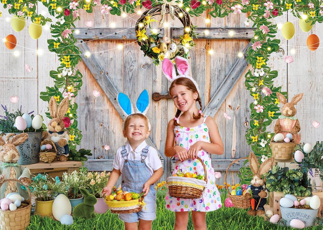 8x6ft Easter Backdrop Spring Garden Rabbit Eggs Photography Background Rustic Wooden Barn Door Floral Grass Bunny Stand Decoration Pary Supplies Baby Shower Banner Background 2