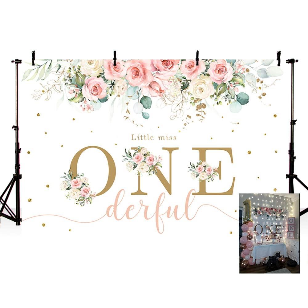 MEHOFOND 7x5ft Spring Flower Girl 1st Birthday Backdrop Little Miss Onederful Watercolor Pink Floral Photography Background Golden Dots Kids Party Banner Cake Smash Table Decoration Photo Booth 0