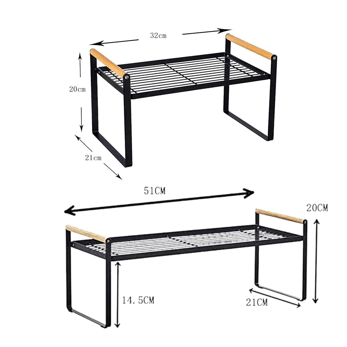 Thrarise Set of 2 Kitchen Racks, Spice Racks, Iron and Wooden Handle, Suitable for Home, Kitchen and Kitchen Cupboard Organiser, Shelf Insert, Black (35 x 21 x 20) + (53 x 21 x 20) 2