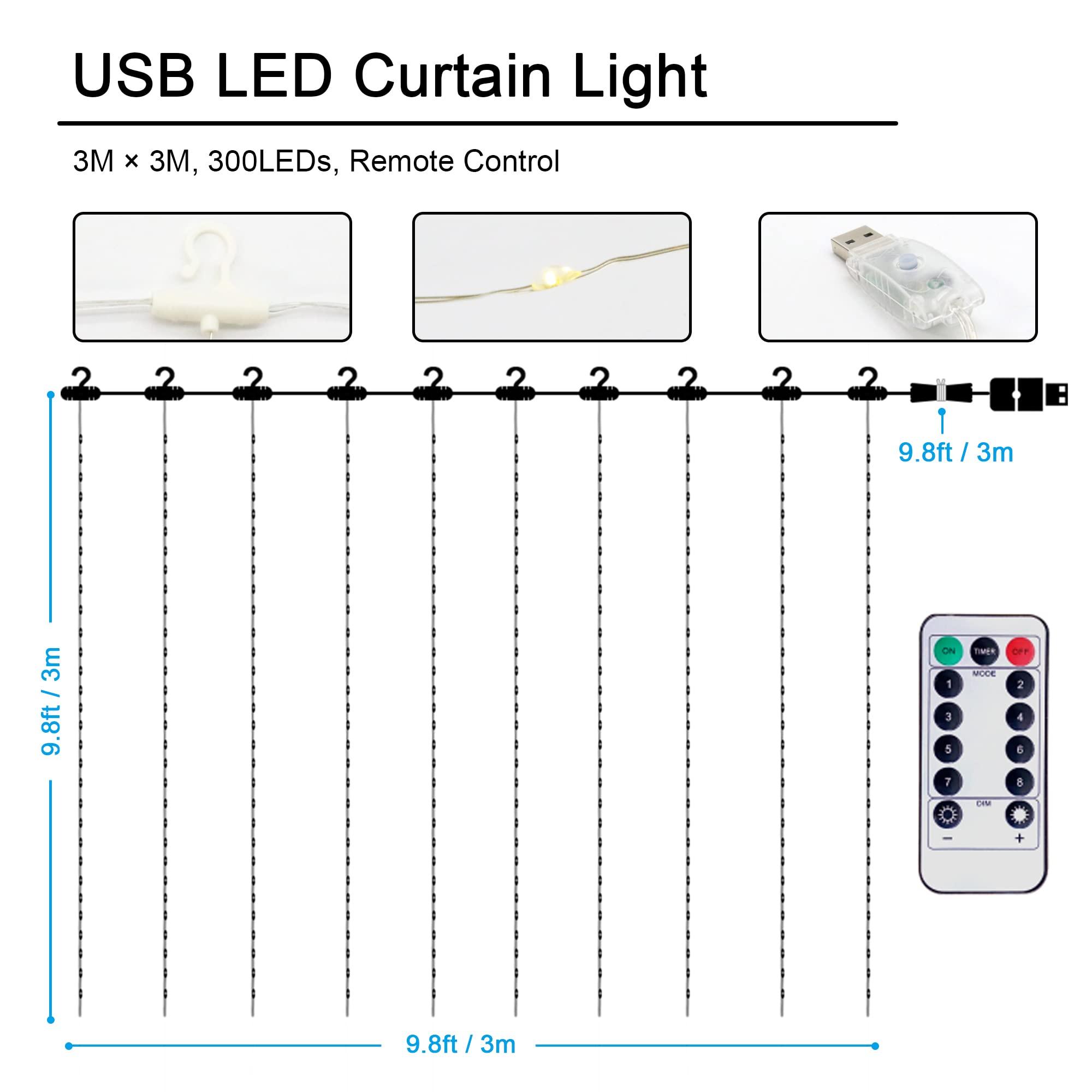 Curtain Lights with Remote Control 300LED Fairy Light 8 Lighting Modes USB Powered for Bedroom Garden Party Wedding Christmas, Ideale Gift for Family Friends Warm White(3 * 3 Meters) 3