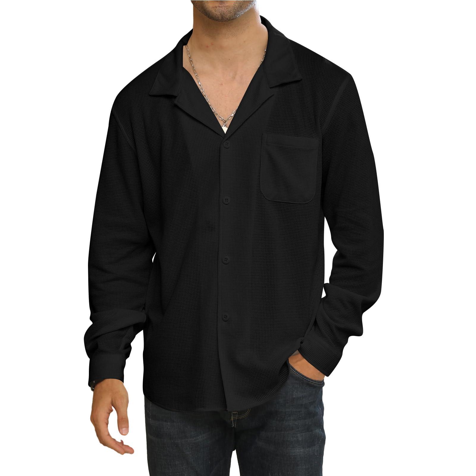 Halfword Men's Long Sleeve Shirt Casual Waffle Shirts Button Down Plain Coat Loose Fit Jacket Top M-3XL Black 1