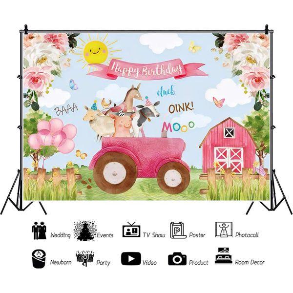 Renaiss 7x5ft Cartoon Farm Backdrop Cute Animals Happy Birthday Photography Background Pink Flowers Barn Truck Fence Green Grass Kids Girls Party Cake Table Decoration Studio Booth Props 2