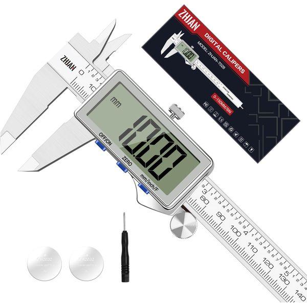 ZHJAN Digital Caliper, Professional Electronic Vernier Caliper,0-150mm/0-6 inch stainless steel micrometer with LCD screen,IP54 splash-proof protection, Digital Caliper with inch/fraction/mm switch.