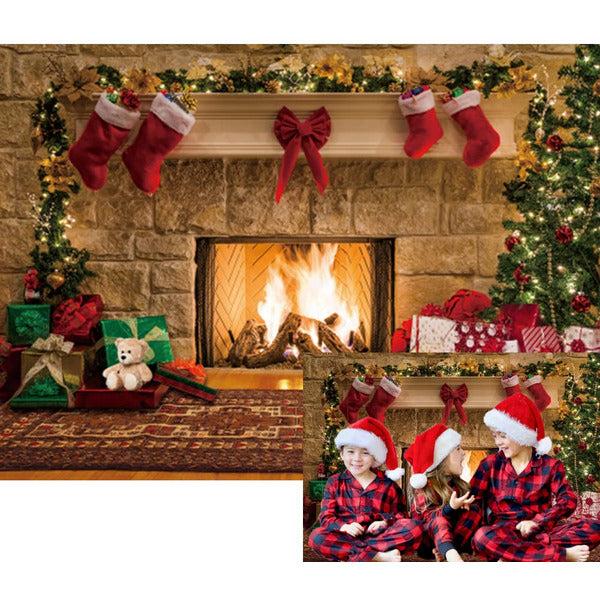 Christmas Fireplace Photography Background Indoor Christmas Tree Gifts Box Happy Holiday Party Photo Backdrop (8x6ft) 0