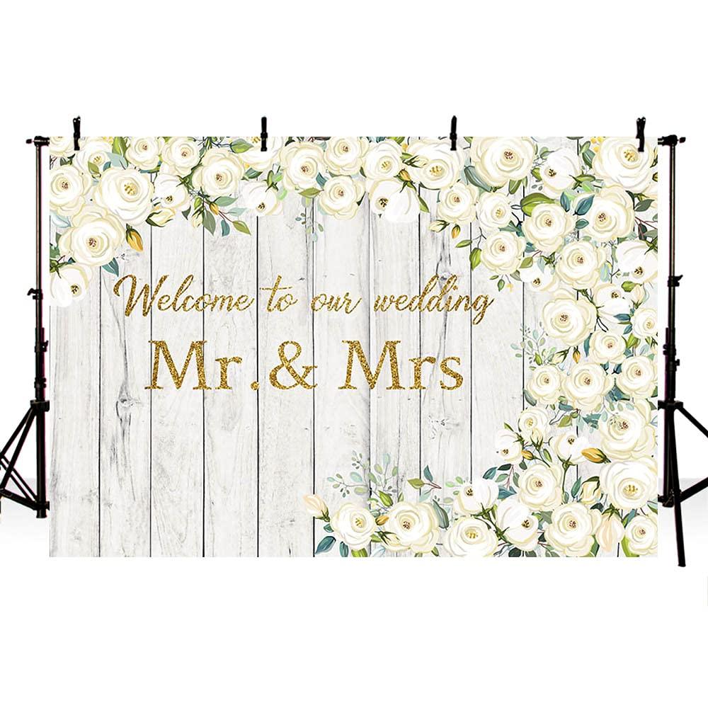 MEHOFOND 7x5ft White Rose Flower Backdrop for Wedding Decoration Welcome To Our Wedding Floral Retro Wood Wall Bridal Shower Party Banner Portrait Photography Background Photo Booth Vinyl 0