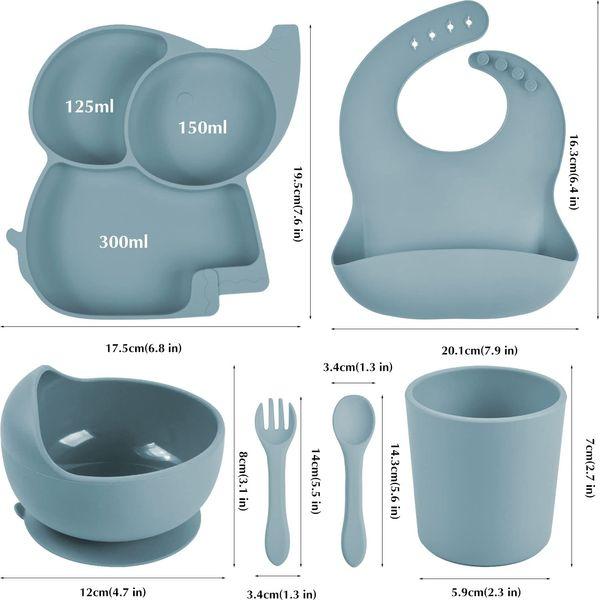 Domueay Baby Feeding Set, 6 Pcs Silicone Baby Weaning Set with Suction Bowl Elephant Divided Plate Spoon Fork Adjustable Bibs and Drinking Cup, Sturdy, BPA Free for Toddler Kid, Blue 2