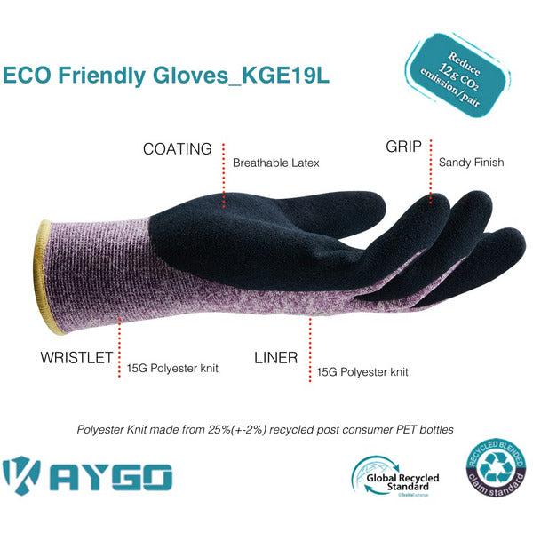 KAYGO Latex Coated Work Gloves for Women Breathable, 3 Pairs Recycled Polyester Gardening Gloves, Eco Friendly Safety Yard Work Gloves for Ladies, KGE19L (Purple, Small) 3