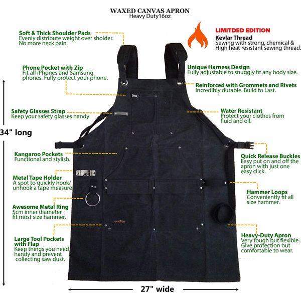 Shop Apron - Waxed Canvas Work Apron with Pockets | Waterproof, Fully Adjustable to Comfortably Fit Men and Women Size S to XXL | Tough Tool Apron to Give Protection and Last a Lifetime (Light Black) 1
