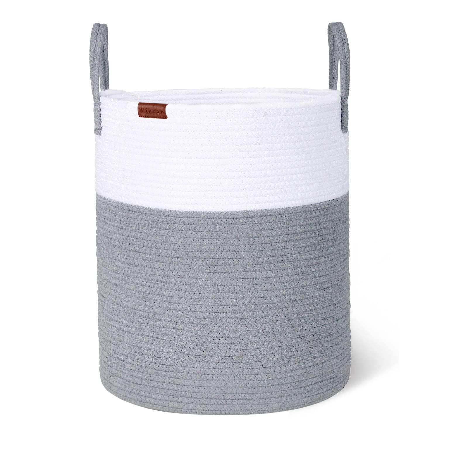 Wintao Storage Basket, Woven Baby Washing Basket Cotton Rope Laundry Hamper Toy Storage Grey Tall & Large 40 x 45 cm