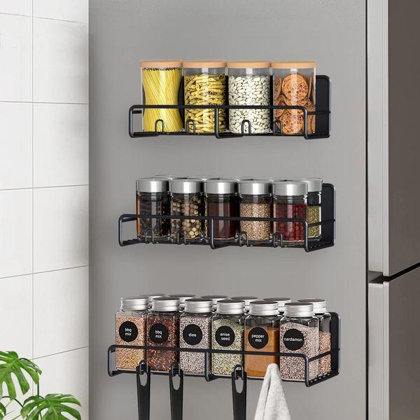 NOSTHEART 4 Pack Magnetic Spice Rack Organizer, Magnet Shelf Spice Racks with 4 Hooks for Refrigerator Microwave Oven Space Saving Kitchen Organization for Spice Jars and Seasoning Bottles, Black