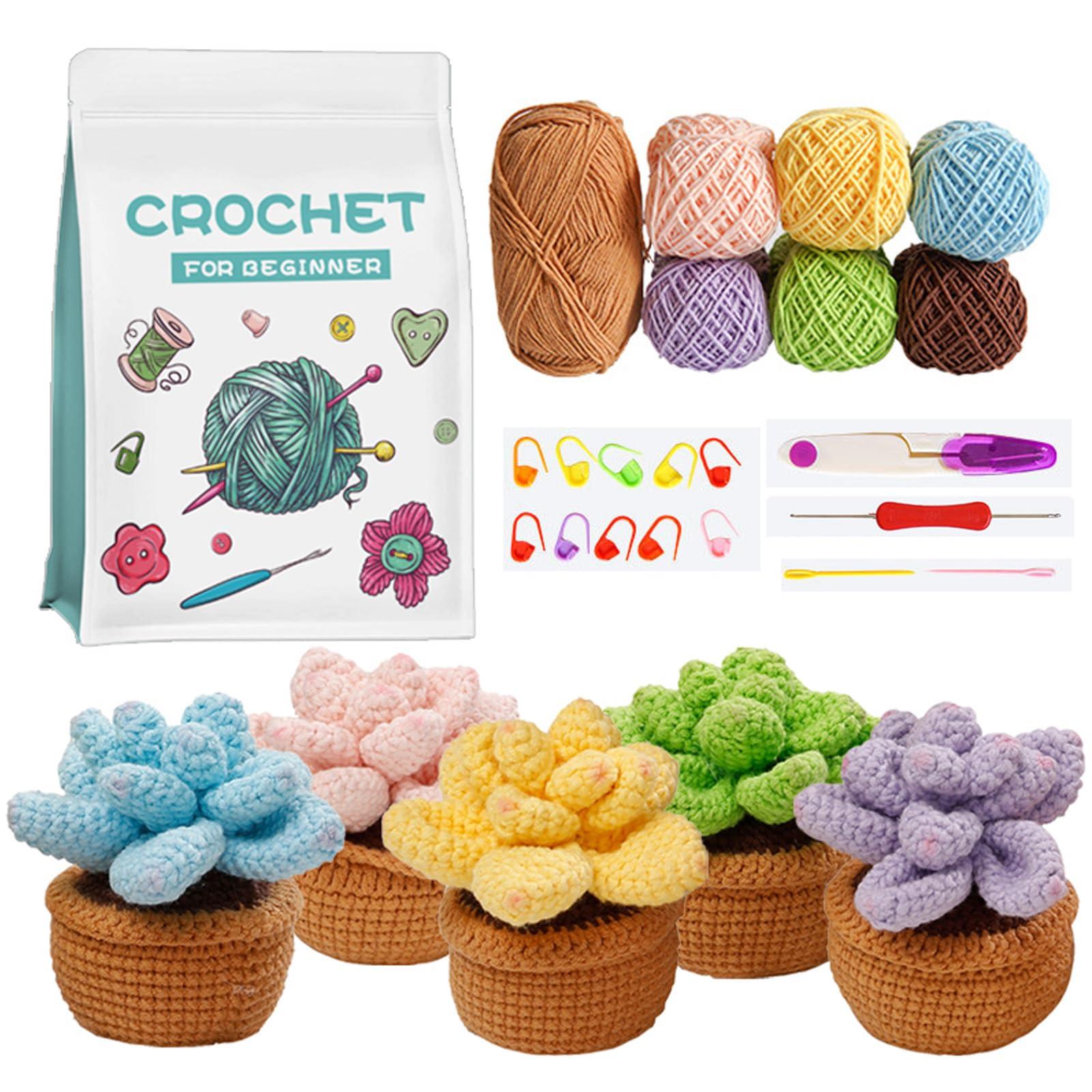 IFUNY Crochet Kit for Beginners Adults,Crochet Plant Kit, Complete Knitting Kit with Yarn, Crochet Hooks, Step-by-Step Video, Learn to Crochet Starter Kit for Beginners（5 pcs Succulent Potting