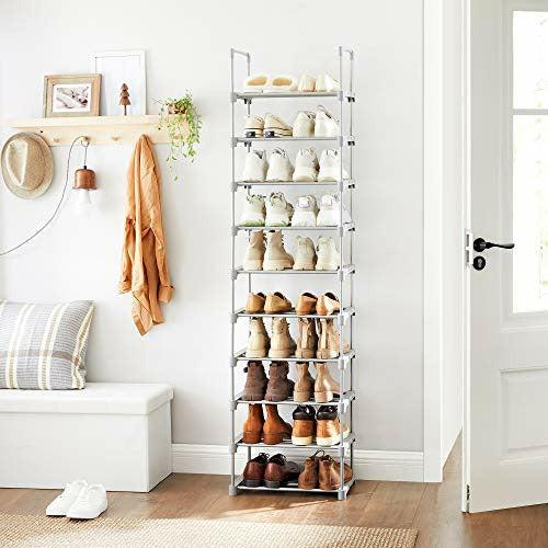 SONGMICS Large 10-Shelf Shoe Rack, Metal Shoe Storage Organiser, Customisable Design, Space-Saving and Versatile Rack for Living Room Bedroom Kitchen, 45 x 30 x 174 cm, Grey LSA025G02 1