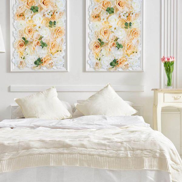 NUPTIO Flower Wall Panel for Flower Wall Backdrop, 2 Pcs 60cm X 40cm Chamapagne & White Faux Roses Artificial Flower Backdrop for Flower Wall Decor, Party Wedding Baby Shower Decor 2