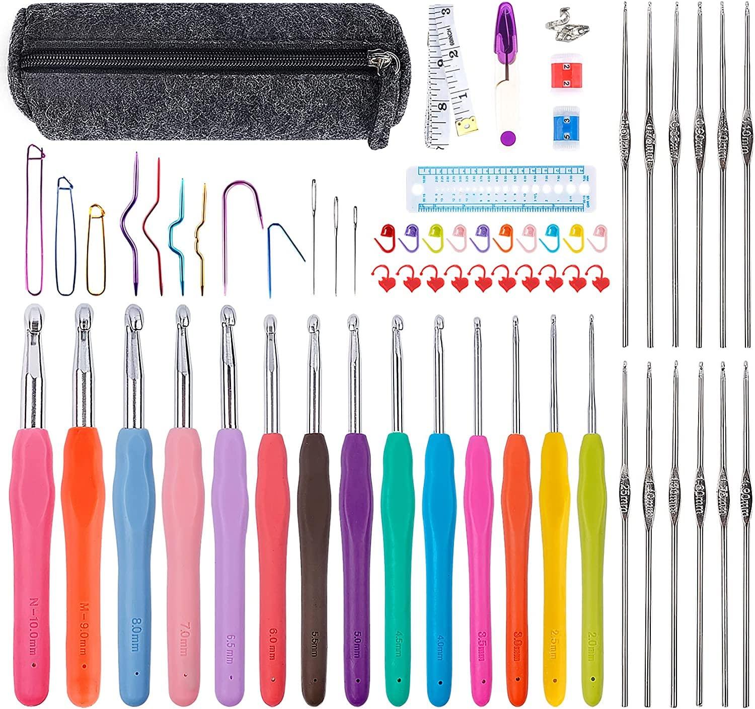 ilauke 65Pcs Crochet Hooks Set, 14Pcs Full Size Ergonomic Soft Grip Handles Crochet Kit &12Pcs Aluminum Crochet Hooks Set for Beginners(0.6mm-10mm)