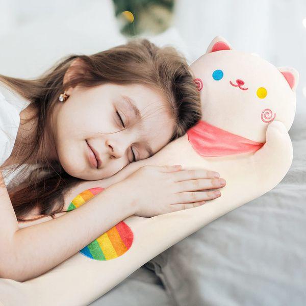 Mewaii 35in Long Cat Plush Pillows Stuffed Animals Squishy Pillows - Plushie Lying on His Side Kitty Sleeping Hugging Plush Pillow Soft Toys for Kids(Creamy White) 3