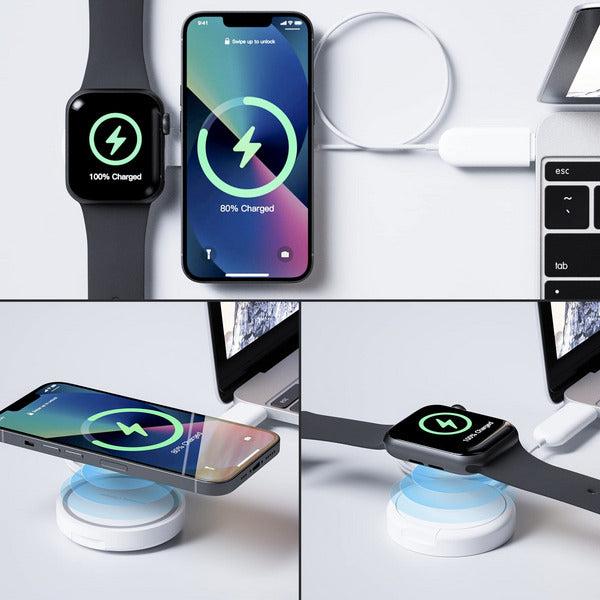 PZOZ 2 in 1 Wireless Charger Pad,15W Fast Portable Charging Station Compatible with iPhone Magsafe Magnetic Apple Watch AirPod iWatch (USB-A) 4