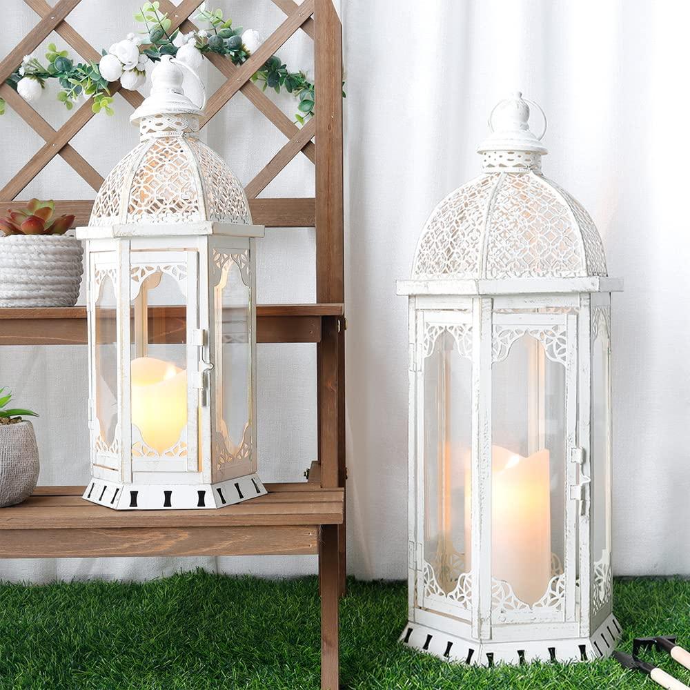 NEWIMAGE Set of 2 Decorative Candle Lantern 50cm & 38cm High Outdoor Candle Lanterns Vintage Metal Candle Holder for Garden Living Room Indoor Outdoor Parties Weddings Patio Home Decor (White) 3