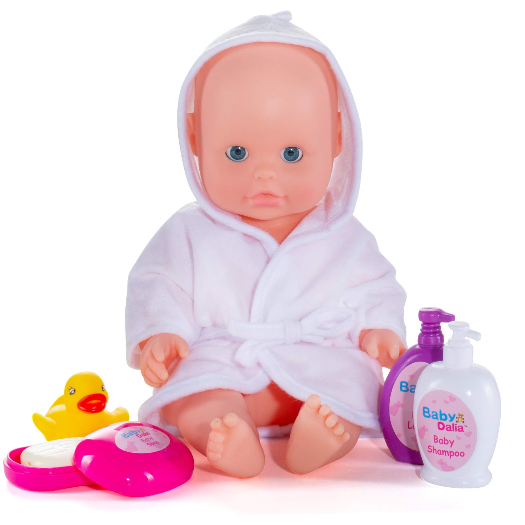 Prextex 8-pc Baby Doll Bath Set with Doll, Crib-shaped Bathtub, Robe Bath Toys Accessories - Baby Dalia Dolls Bathing Gift Toy Alive-like Set for Boys and Girls 3+ Excellent Stocking Fillers! 2