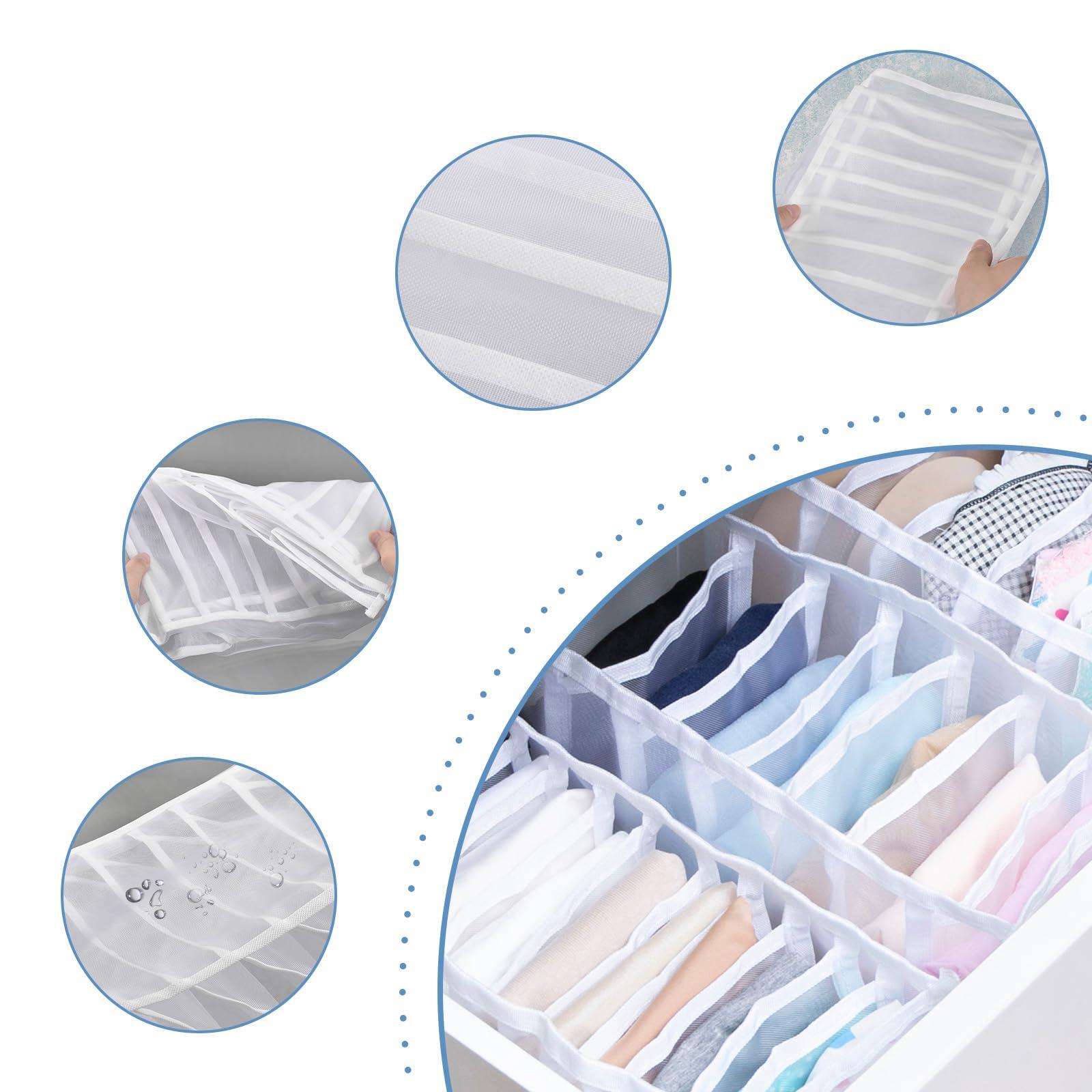 sourcing map Underwear Drawer Organizers 4pcs, 6/7/11 Grids Foldable Closet Organizer Mesh Clothes Storage Bins for Bra Socks Underpants, White 2