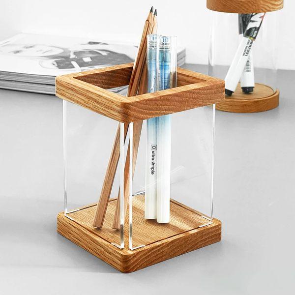 KOLYMAX Pen Holder Wooden and Acrylic Pencil Holder for Desk Office Pen Organizer, Clear Acrylic Pencil Pen Holder Cup, Makeup Brush Holder Acrylic Desk Accessories 3