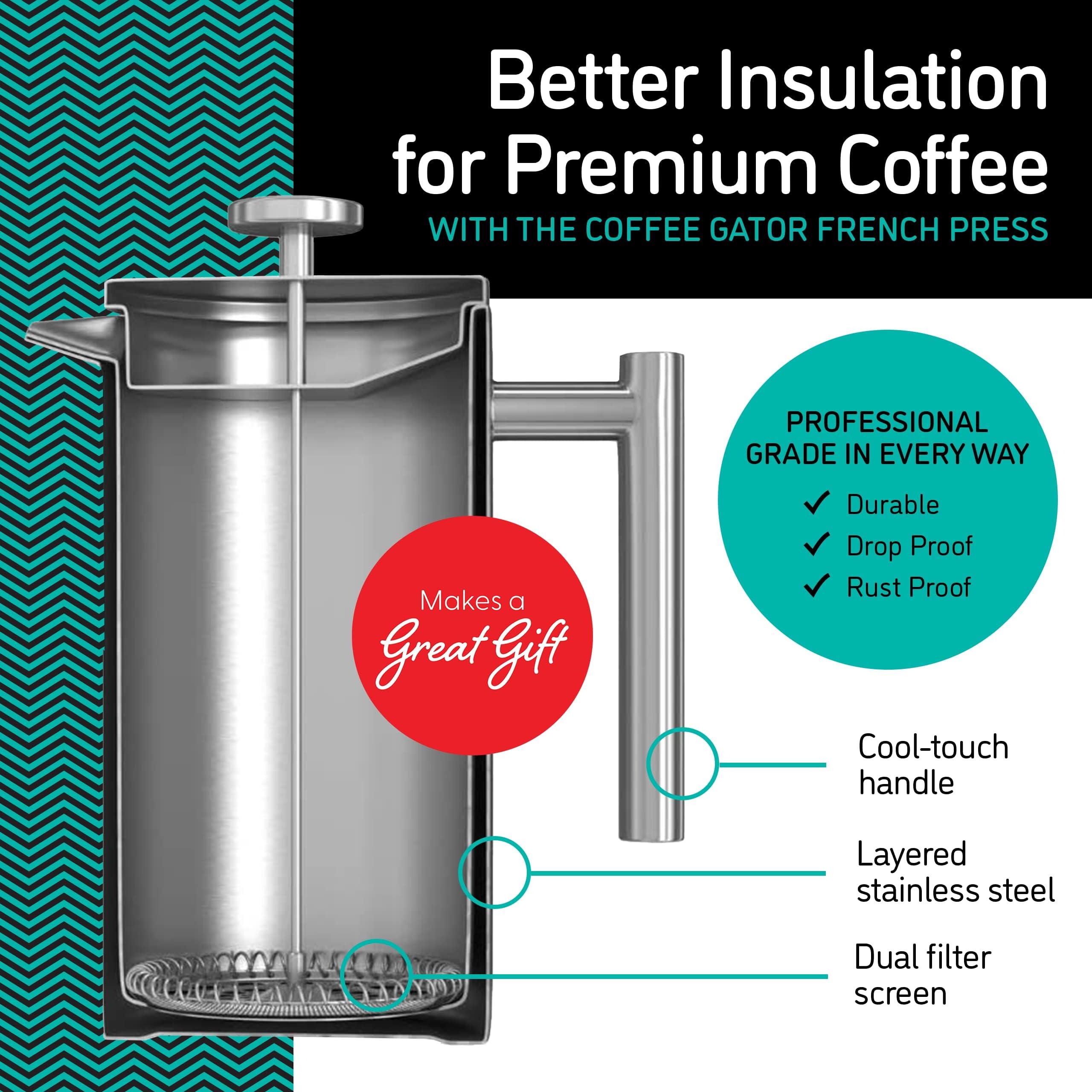 Coffee Gator Cafetiere - 1 Litre French Press Coffee Maker - Large Capacity, Double-Wall Insulated Stainless Steel Brewer - Hotter for Longer - Grey 1