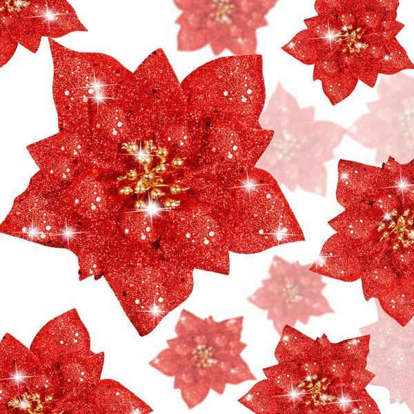 Boao 24 Pieces Glitter Poinsettia Artificial Christmas Flowers Poinsettia Decorations Wedding Christmas Tree Ornaments, 3/4/6 Inches (Red) 0