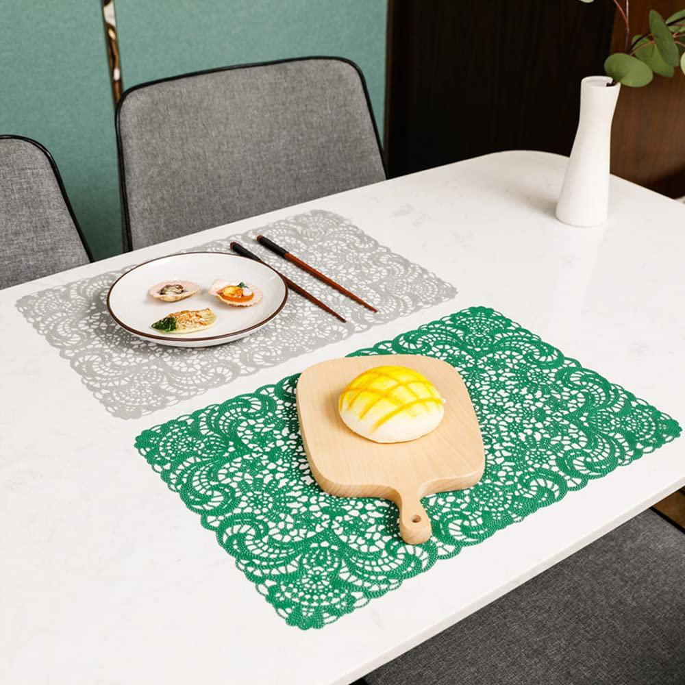 Hosoncovy 4 Pack Decorative Lace Placemats PVC Placemats Hollow Flower Dining Table Place Mats Heat Resistant Non-slip Dining Placemats Table Mats for Home Kitchen (Green)