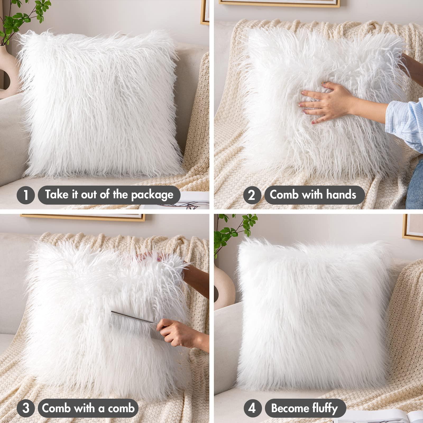 MIULEE Fluffy Decorative Square Plush Pillow Case Faux Fur Cushion Covers For Sofa Bedroom Car 18 x 18 Inch 45 x 45 CM White Set of 2 1