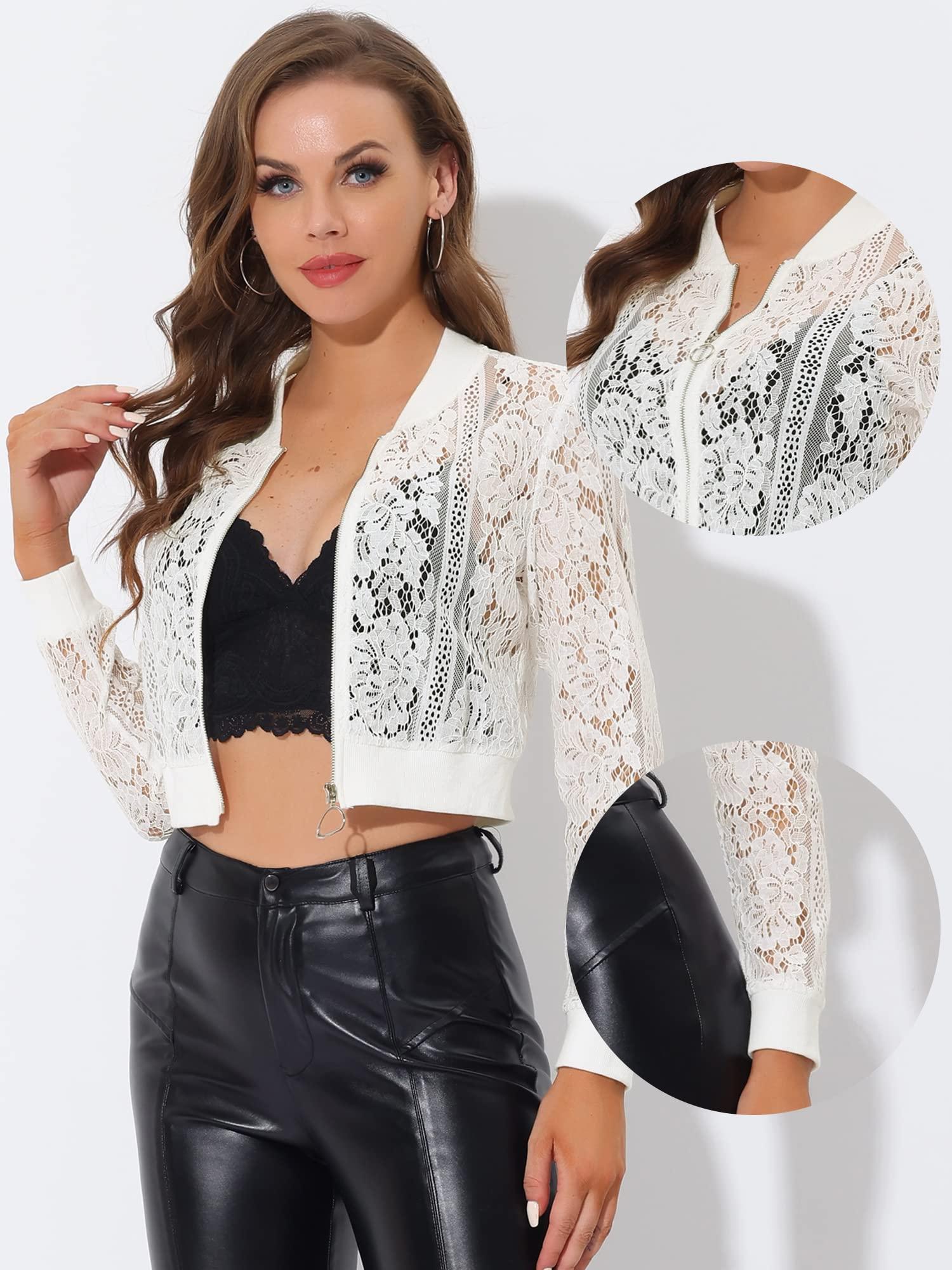 Allegra K Women's Stand Collar Zip Up Mesh Sheer Lace Bomber Jacket Whites S 1