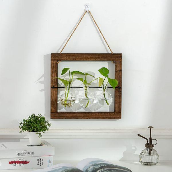 Hanging Propagation Station for Plants Wall Planter Indoor Vintage Wall Bulb Vase for Flowers with Wooden Frame for Aethetic Room Decor Home Office Accessories 1
