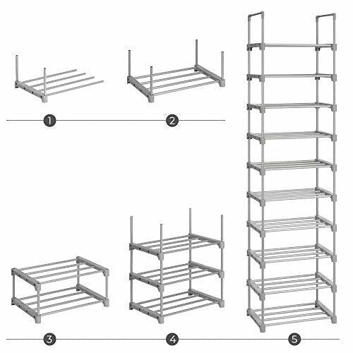 SONGMICS Large 10-Shelf Shoe Rack, Metal Shoe Storage Organiser, Customisable Design, Space-Saving and Versatile Rack for Living Room Bedroom Kitchen, 45 x 30 x 174 cm, Grey LSA025G02 4