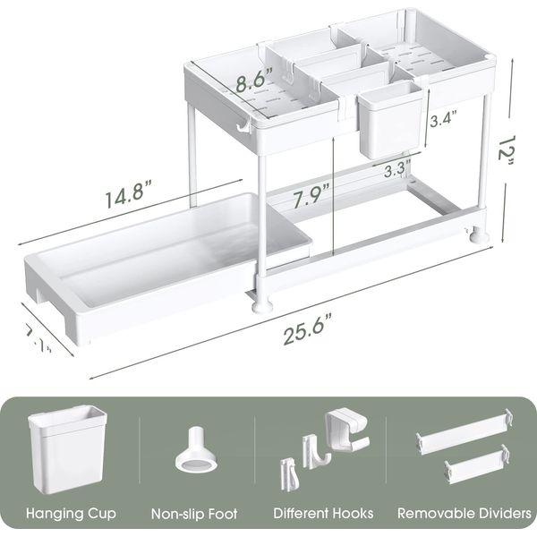 SPACEKEEPER Under Sink Storage Shelf,2 Tier Slide Out Under Cabinet Basket Drawer,Multi-Purpose Slim Organizer for Kitchen Bathroom,Bottom Slide Out Basket,40x22x31cm,White,2 Pack 2