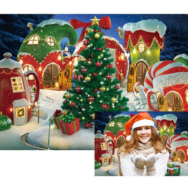Cartoon Christmas Village Photography Background Winter Snow Pine Tree Fairy Tale Castle Kid Party Photo Backdrop (8x6ft) 0