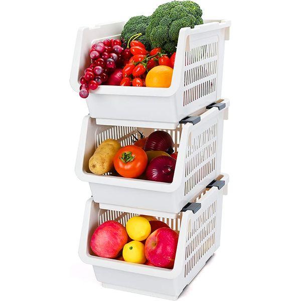 2 Tier Stacking Stand Basket,BAFFECT® Stacking Baskets Storage Veg Rack Plastic Stackers Storage Rack with Wheels for Bathroom Living Room Kitchen Vegetable Fruit Food Storage (White)