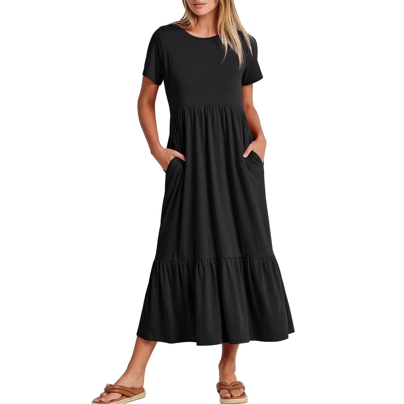 KOEMCY Women's Casual Dress Summer Midi Maxi Dress Short Sleeve Round Neck Dresses High Waist Tiered A Line Beach Dresses Sun Dress Swing Dress with Pockets (Black,S)