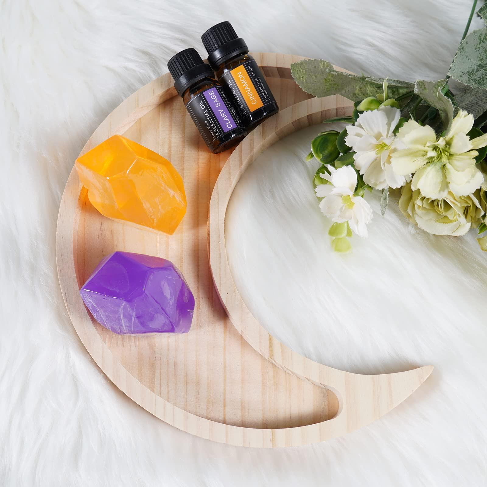 Soulnioi Crystal Holder Tray(SUN+MOON), Decorative Display Tray with 2pcs Handmade Soap(Purple+Orange), 2pcs Essential Oils, 7pcs Amethyst Flower Stones, 3pcs White Crystal Pointed Pillars 4