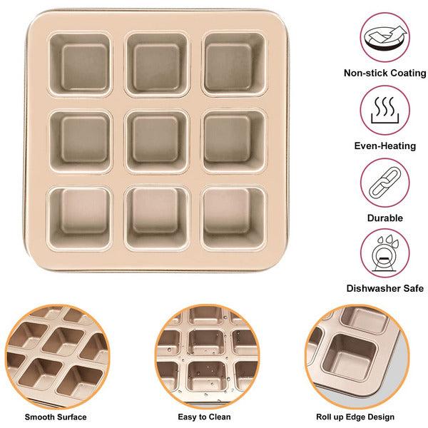Bread Baking Trays Mini Square Petite Loaf Pan Brownie Cake Mold Blondie Baking Tin Muffin Pan Non-Stick Bite-Size Mold 9 Cavity For Chocolate Truffles Bread Muffin Loaf Brownie Cornbread Cheesecake 3