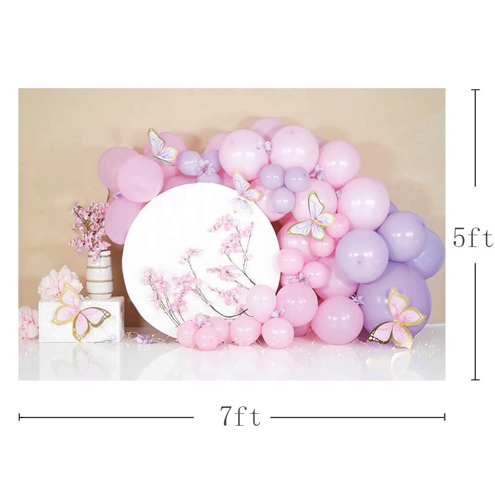 MEHOFOND 7x5ft Pink Girl Birthday Photography Backdrop Flower Balloons Butterfly Newborn Portrait Family Party Background Banner Cake Smash Decoration Photo Studio Booth Props Supplies 2