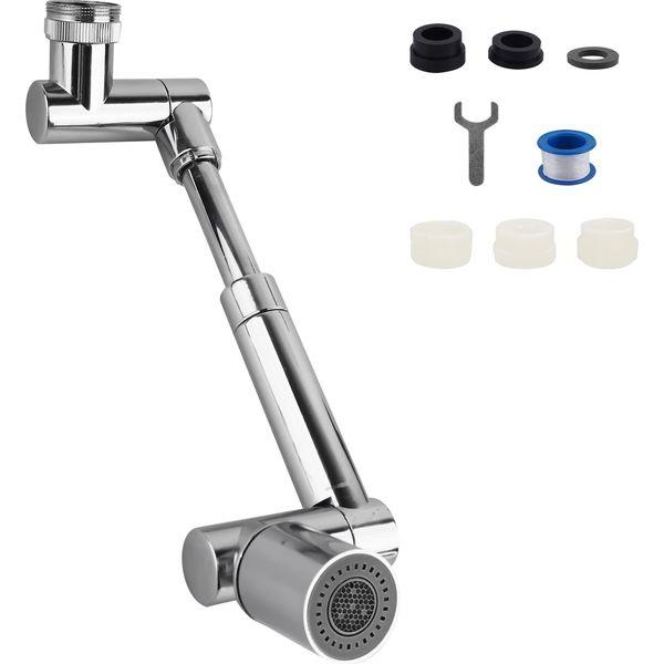 Swivel Tap Extender Universal Sink Faucet Aerator 2 Spray Mode Extendable Filter, Big Angle Rotatable, Multifunctional Robotic Arm Mixer for Kitchen Bathroom Chrome (with 3 tap adaptors)