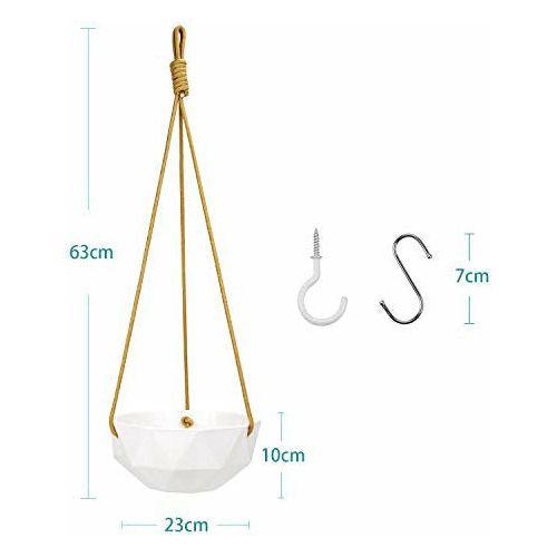 FairyLavie Ceramic Hanging Plant Pot Indoor Outdoor,23 CM Hanging Planter with Drainage Hole,Modern Porcelain Flower Pot with Polyester Rope Hanger for Herbs Ivy Crawling Plants,White 1